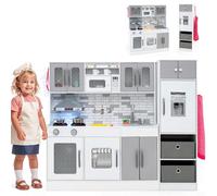 COSTWAY Cucina Giocattolo per Bambini, Set da Cucina in Legno con Luci e Suoni, Macchina del Ghiaccio, Cappa, Fornelli, Microonde e Lavastoviglie, per Bambini 3+ Anni, 118 x 29 x 100cm (Grigio)