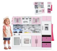 COSTWAY Cucina Giocattolo per Bambini, Set da Cucina in Legno con Luci e Suoni, Macchina del Ghiaccio, Cappa, Fornelli, Microonde e Lavastoviglie, per Bambini 3+ Anni, 118 x 29 x 100cm (Rosa)