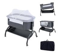 COSTWAY Culla Fianco Letto Pieghevole per Neonati 0-6 Mesi (Grigio) | Lettino Co-Sleeper Altezza Regolabile in 7 Posizioni, Materasso, Zanzariera Traspirante, Ruote con Freno e Cesto Portaoggetti