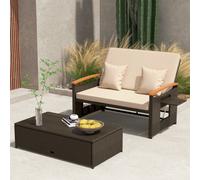 Costway Divano da giardino in rattan con cuscino e panca contenitore, Divano letto con schienale regolabile a 4 livelli 3 Colori