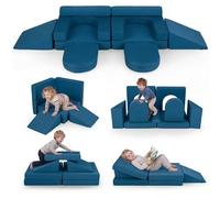 COSTWAY Divano da Gioco per Bambini Trasformabile, Poltrona Modulare a 10 Pezzi, Tessuto Suede e Schiuma ad Alta Elasticità, Divanetto per Bambini 3+ Anni, per Camerette, Soggiorno e Studio (Blu)