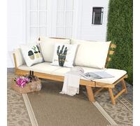 Costway Divano letto convertibile in legno d'acacia con braccioli regolabili cuscini, Chaise longue da esterno Beige