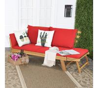 Costway Divano letto convertibile in legno d'acacia con braccioli regolabili cuscini, Chaise longue da esterno Rosso