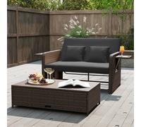 Costway Divano letto in rattan per patio con schienale regolabile e tavolini laterali pieghevoli, Set 2 pezzi con divanetto e pouf per giardino e piscina Nero