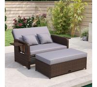 Costway Divano letto in rattan per patio con schienale regolabile e tavolini laterali pieghevoli, Set 2 pezzi con divanetto e pouf contenitore per giardino e