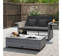 Costway Divano letto in rattan per patio con schienale regolabile e tavolini pieghevoli, Set 2 pezzi con divanetto e pouf per giardino e piscina Nero