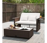 Costway Divano letto in rattan per patio set 2 pezzi con pouf contenitore tavolini laterali pieghevoli, Divanetto per giardino & piscina Bianco