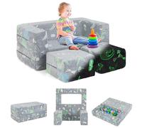 COSTWAY Divano Pieghevole 3 in 1 per Bambini Brilla al Buio, Poltrona Bambini con Rivestimento in Flanella Rimovibile e Lavabile, Pouf per Cameretta (Dinosauro Grigio)