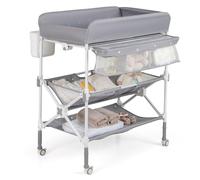 COSTWAY Fasciatoio Pieghevole Neonato, Fasciatoio Portatile con Altezza Regolabile, Comodino per Pannolini con Ruote di Bloccabili, 2 Ripiani, Porta Asciugamani, Cestino di Rifiuti (Grigio)