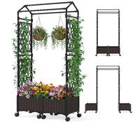 COSTWAY Fioriera Rialzata da Giardino con Grigliato, Tetto, Ruote Bloccabili e Irrigazione Automatica, Letto da Giardino Rialzato Alto in Rattan Impermeabile per Piante Rampicanti (Marrone)