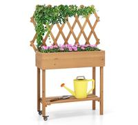 COSTWAY Fioriera Rialzata per Piante Rampicanti, Aiuola Rialzata con Grigliato, Ruote Bloccabili, Ripiano, Gambe e Fodera, Orto Rialzato da Esterno in Legno, 90 x 29 x 129 CM