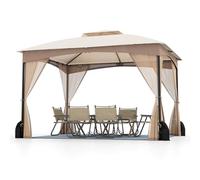 COSTWAY Gazebo da Giardino 3 x 3,6 m, Gazebo con Zanzariera a Doppia Copertura con Sacchetti di Sabbia e Picchetti a Terra, Tenda Impermeabile con Struttura in Metallo per Prato (Kaki)