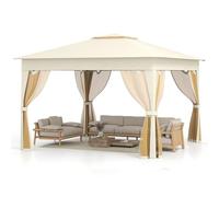 COSTWAY Gazebo Pieghevole 3,4 x 3,4 m con Zanzariera, Gazebo da Giardino con Tende Laterali, Tenda da Giardino Antivento Facile da Montare Resistente 210D con Borsa di Trasporto (Beige)
