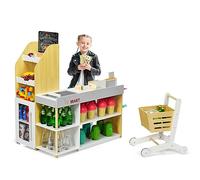 COSTWAY Gioco Negozio Bancarella per Bambini, Market Mercato in Legno, con Carrello della Spesa e Cassa, Bianco e Legno