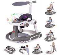 COSTWAY Girello per Bambini 6-in-1 Evolutivo, Centro Attività Pieghevole con Maniglia, Regolazione Altezza/Velocità, con Musica, Luci Tenda, per Neonati 6-18 Mesi (Grigio+Bianco)