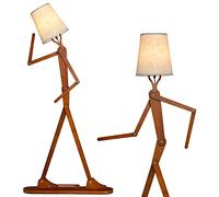 COSTWAY Lampada da Terra in Legno, Piantana Umanoide Decorativa ad Angolo con Articolazioni Regolabili, Paralume in Tessuto e Interruttore a Pedale, Lampa a Stelo da Salotto e Camera da Letto