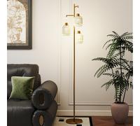 Costway Lampada da terra salotto e27 con 3 paralumi a gabbia interruttore a pedale e base ispessita, Piantana lampada lettura e lavoro stile vintage Oro