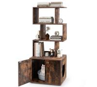 COSTWAY Lettiera Nascosto per Gatti, Libreria 142cm con 3 Scaffali Aperti, Entrata a forma di Testa di Gatto e Armadietto, Mobile Industriale per Animali Domestici (Marrone)