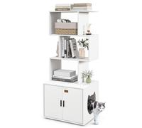 COSTWAY Lettiera Nascosto per Gatti, Libreria 142cm con 3 Scaffali Aperti, Entrata a forma di Testa di Gatto e Armadietto, Mobile Industriale per Animali Domestici (Bianco)
