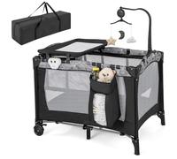 COSTWAY Lettino pieghevole 3 in 1, lettino da viaggio con materasso, giocattolo sospeso, carillon, fasciatoio e borsa per il trasporto, 2 livelli culla con ruote per bambini fino a 36 mesi (grigio)