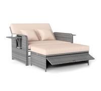 COSTWAY Lettino Prendisole da Giardino per 2 Persone, Divano con Panca Contenitore e Cuscino con Schienale Regolabile a 4 Livelli e Vassoi Laterali Estraibili per Balcone (Grigio screziato-Marrone)