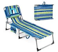 COSTWAY Lettino Prendisole da Spiaggia, Sdraio Mare Pieghevole Portatile con Foro per Viso e Braccia, Cuscino e Tasche Laterali, Schienale Regolabile 4 Posizioni, Portata 150 kg (Striscia Verde-Blu)