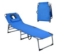 COSTWAY Lettino Prendisole Pieghevole, Sedia a Sdraio da Giardino con Foro per il Viso e Cuscini, Schienale Reclinabile, per Spiaggia Patio Piscina (blu)