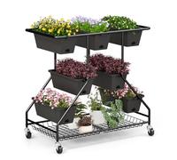 COSTWAY Letto da Giardino Verticale Sollevato con 7 Vasi, Cestini di Stoccaggio, Fori di Drenaggio e 4 Ruote Bloccabili, Scaffale Portafiori da Esterno ed Interno, Piantatore Elevato a 3 Livelli per O