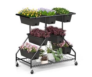 COSTWAY Letto da Giardino Verticale Sollevato con 7 Vasi, Cestini di Stoccaggio, Fori di Drenaggio e 4 Ruote Bloccabili, Scaffale Portafiori da Esterno ed Interno, Piantatore Elevato a 3 Livelli per O