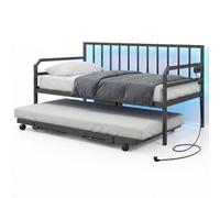 COSTWAY Letto Estraibile, Divano Letto Singolo con Luci LED e Stazione di Ricarica, Lettino Doppio con Struttura in Metallo, 90x200 cm, per Soggiorno e Camera da Letto (Nero)