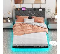 COSTWAY Letto Matrimoniale 140x200 cm, Struttura Letto con Testiera Imbottita Regolabile, Stazione di Ricarica e Luci LED, Galleggiante, Struttura in Metallo, Silenzioso, Carico 300kg