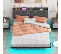 COSTWAY Letto Matrimoniale 160x200 cm, Struttura Letto con Testiera Imbottita Regolabile, Stazione di Ricarica e Luci LED, Galleggiante, Struttura in Metallo, Silenzioso, Carico 300kg