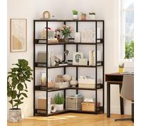 Costway Libreria ad angolo a 5 ripiani a forma di L con struttura in metallo, Scaffale espositivo aperto industriale Marrone