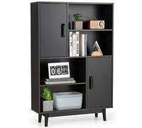 COSTWAY Libreria in legno, con 2 ante e 4 mensole aperte, libreria in legno, per studio, soggiorno, 80 x 24 x 120 cm (nero)