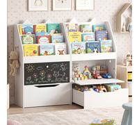 Costway Libreria montessori con lavagna per bambini con 3 ripiani cassetto con ruote vano nascosto e ganci, Organizer in legno porta libri giocattoli