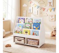 Costway Libreria montessori con lavagna per bambini, Scaffale portagiochi con ruote con ripiani e scomparti in Bianco