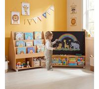 Costway Libreria montessori con lavagna per bambini, Scaffale portagiochi con ruote con ripiani e scomparti in legno Naturale