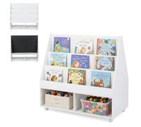 COSTWAY Libreria Montessoriana per Bambini, Scaffale per Giocattoli in Legno con Lavagna e 5 Ruote, Libreria a 3 Ripiani e Scomparti, per Cameretta e Asilo Nido, 90 x 45,5 x 87 cm (Bianco)