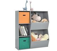COSTWAY Libreria per bambini, a 3 ripiani, con 2 scatole e 5 scomparti, in legno, per cameretta dei bambini, camera da letto, 76 x 28 x 94 cm (grigio, 5 scomparti)