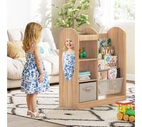 Costway Libreria per bambini con specchio scaffale giocattoli 4 ripiani a rete, Libreria bambini montessori 4 livelli sala giochi Legno naturale