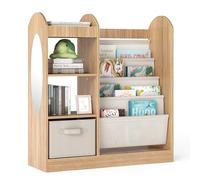 COSTWAY Libreria per Bambini con Specchio, Scaffale Giocattoli con 4 Ripiani a Rete e Cassetto in Tessuto, Libreria Montessori a 4 Livelli per Bambini per Cameretta e Sala Giochi (Naturale)