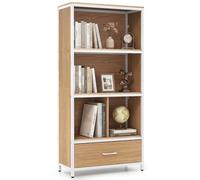 COSTWAY Libreria Scaffale a 3 Livelli, Mobile Alto con 4 Scomparti 1 Cassetto in Tessuto Pieghevole e 2 Dispositivi Antiribaltamento, per Studio e Ufficio, 68x30,5x142,5 cm (Naturale)