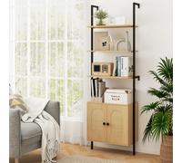 Costway Libreria scala armadietto scaffale a scala a parete con ripiano regolabile, Libreria a 3 livelli con armadietto in rattan Legno naturale