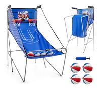 COSTWAY Macchina da Pallacanestro Elettronica Pieghevole, Gioco Arcade da Basket a Doppio Tiro per Casa con 8 Modalità di Gioco, Suono Arcade, Punteggio Elettronico, 4 Palloni e Pompa (Blu)