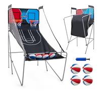 COSTWAY Macchina da Pallacanestro Elettronica Pieghevole, Gioco Arcade da Basket a Doppio Tiro per Casa con 8 Modalità di Gioco, Suono Arcade, Punteggio Elettronico, 4 Palloni e Pompa (Blu e rosso)