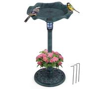 COSTWAY Mangiatoia per Uccelli Solare da Esterno, Bagno per Uccelli con Piedistallo e Ciotola a Forma di Foglia di Loto, Fioriera, Lampada Solare, Decorazione Vintage (Verde)