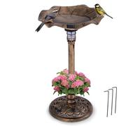 COSTWAY Mangiatoia per Uccelli Solare da Esterno, Bagno per Uccelli con Piedistallo e Ciotola a Forma di Foglia di Loto, Fioriera, Lampada Solare, Decorazione Vintage (Bronzo)