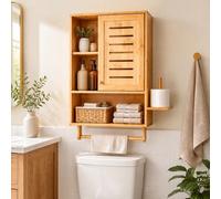 Costway Mobile a parete da bagno in bambù e legno per cucina e ingresso, Armadio a muro salvaspazio con ripiano rimovibile scomparto aperto