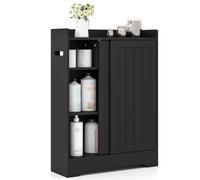 COSTWAY Mobile da Bagno, Armadietto Sottile con Porta Carta Igienica, Scomparto per Spazzolino e Ripiani Regolabili Accanto al WC, Armadio con Porta Scorrevole per Spazi Ridotti (Nero)