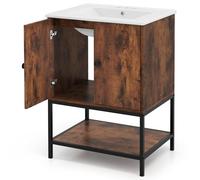 COSTWAY Mobile da Bagno in Legno, Mobiletto con 2 Ante e Mensola Aperta, Mobile da Bagno a Terra Stile Vintage con Lavandino in Ceramica, 61 x 46,5 x 87 cm, Marrone Rustico